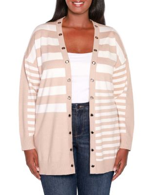 Belldini Black Label Women's Colorblocked Variegated-Stripe Open-Front Cardigan Sweater, 3X