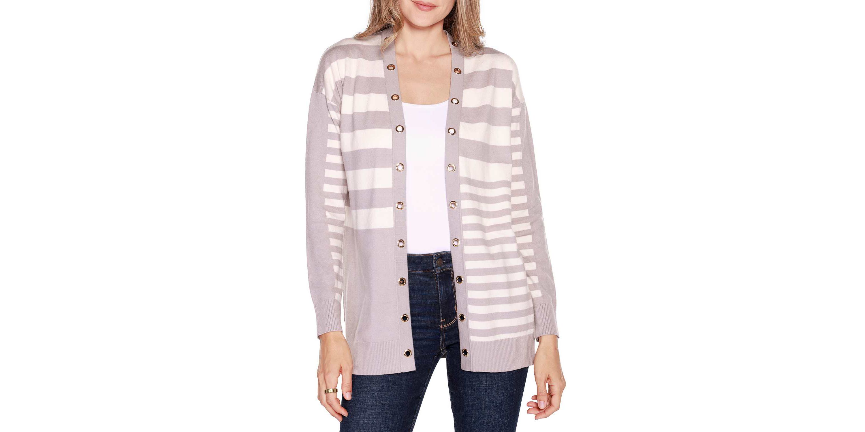 Colorblocked Variegated-Stripe Open-Front Cardigan Sweater