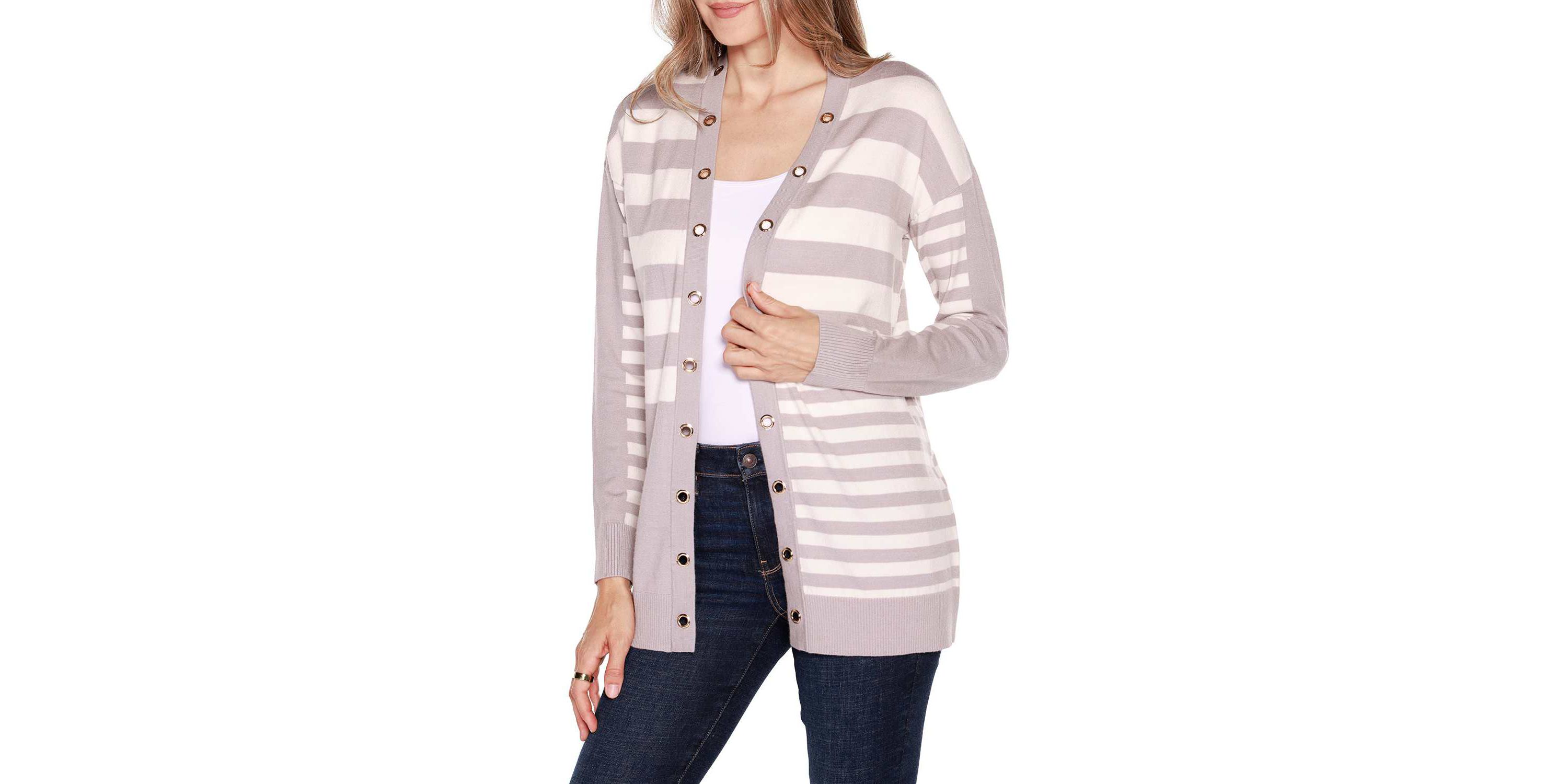 Colorblocked Variegated-Stripe Open-Front Cardigan Sweater