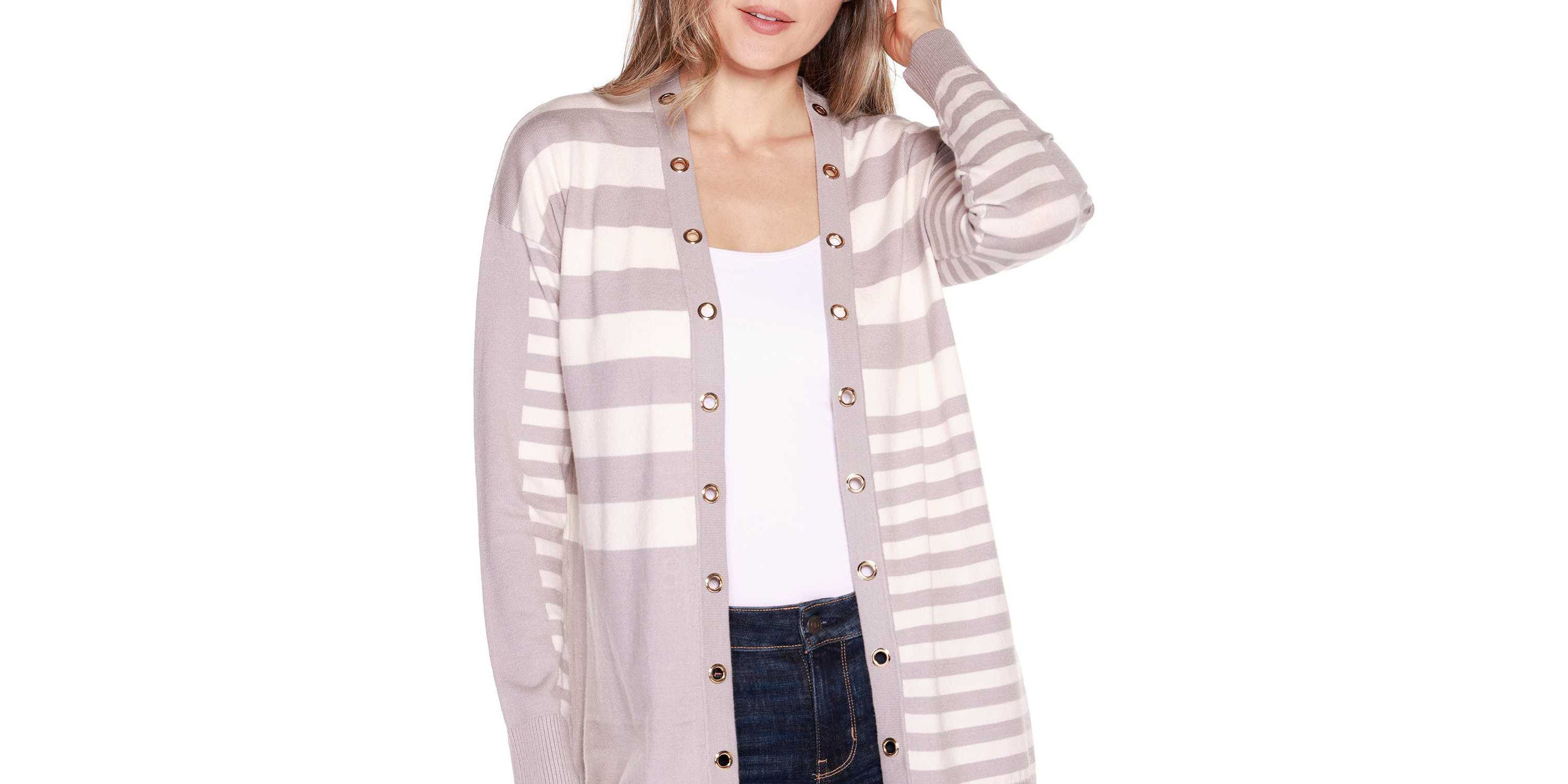 Colorblocked Variegated-Stripe Open-Front Cardigan Sweater