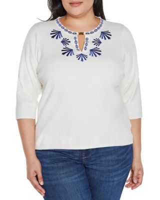 Belldini Black Label Women's Embroidered Split-Neck 3/4-Sleeve Sweater, White, 3X