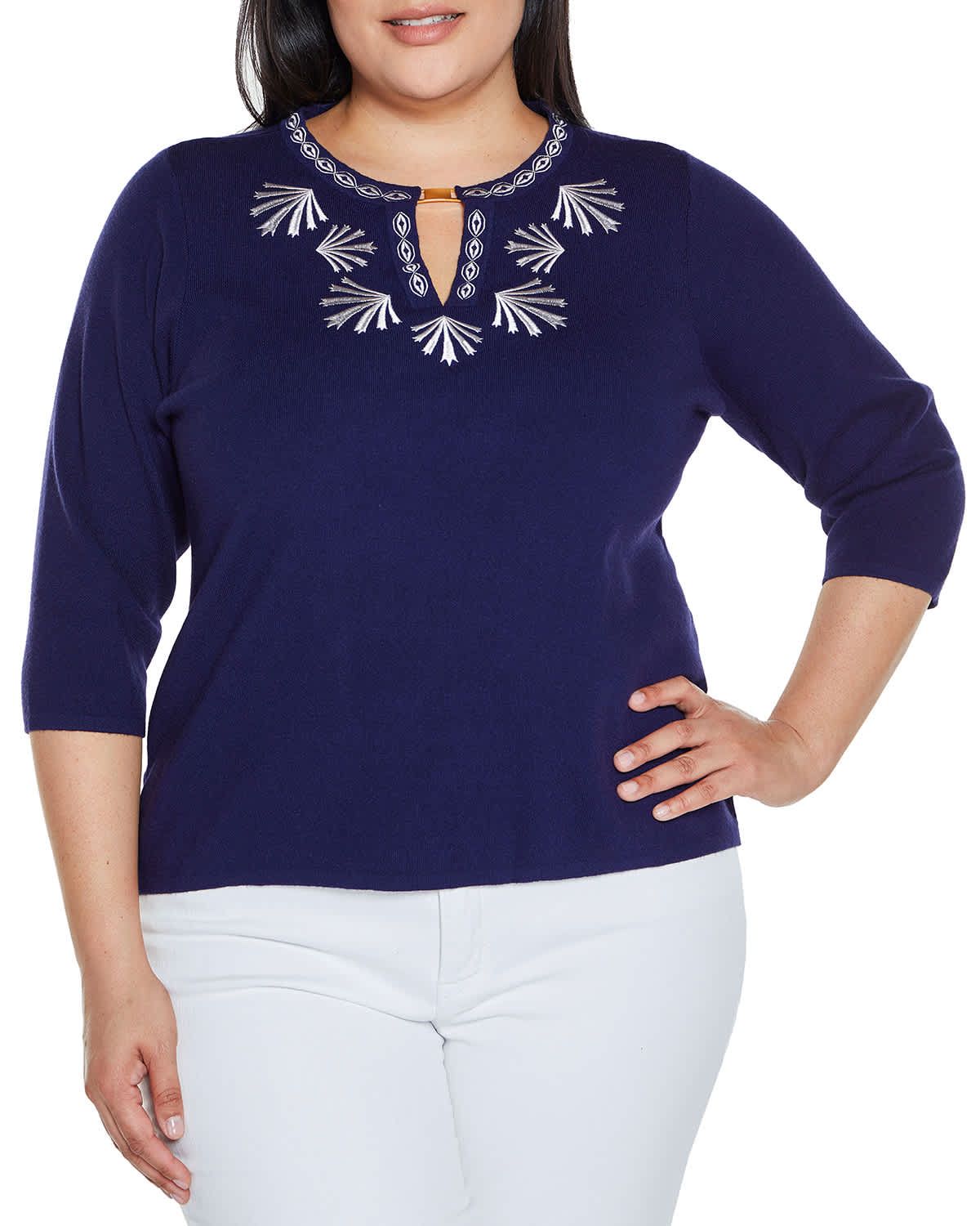 Embroidered Split-Neck 3/4-Sleeve Sweater