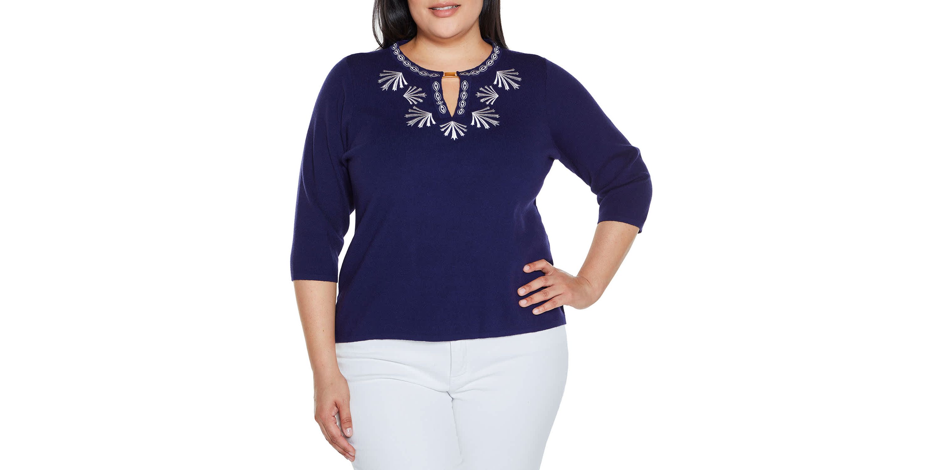Embroidered Split-Neck 3/4-Sleeve Sweater