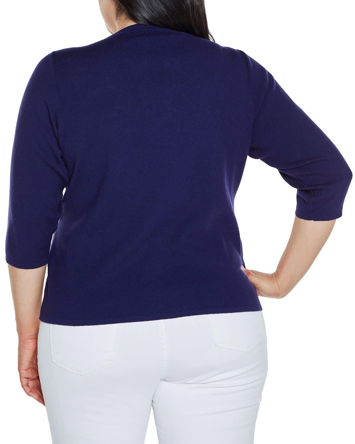 Embroidered Split-Neck 3/4-Sleeve Sweater