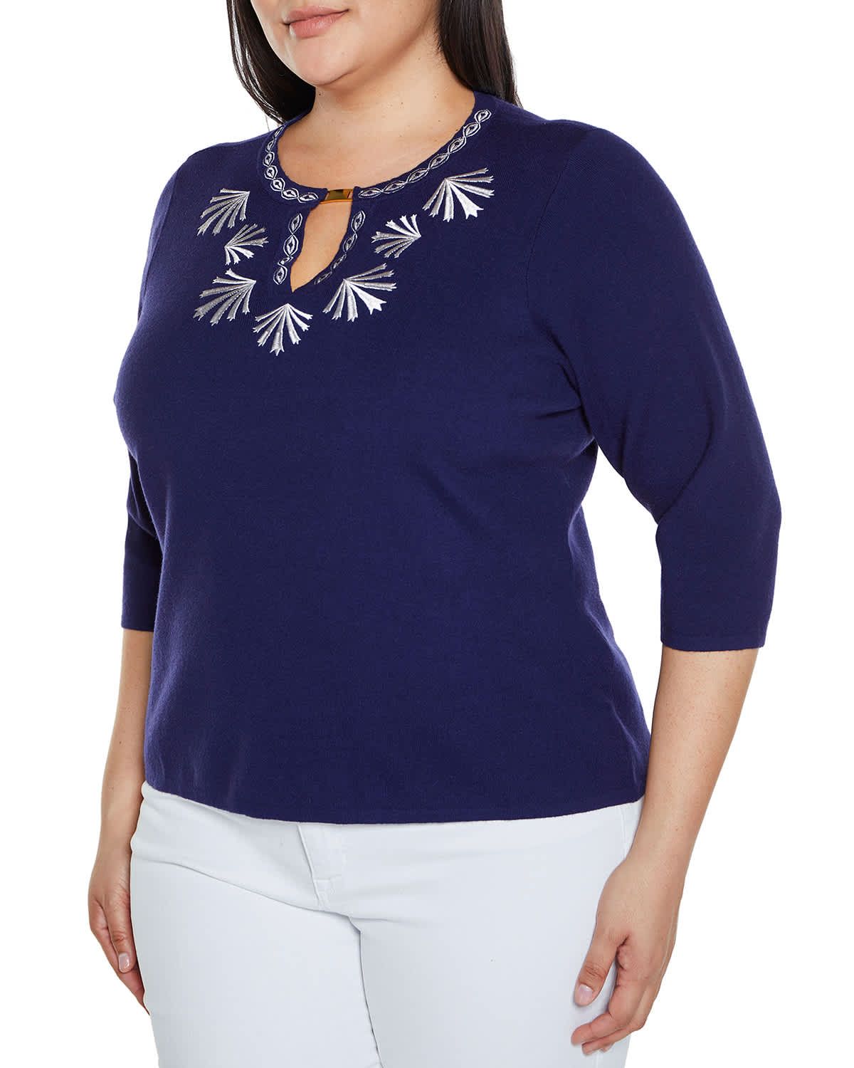 Embroidered Split-Neck 3/4-Sleeve Sweater