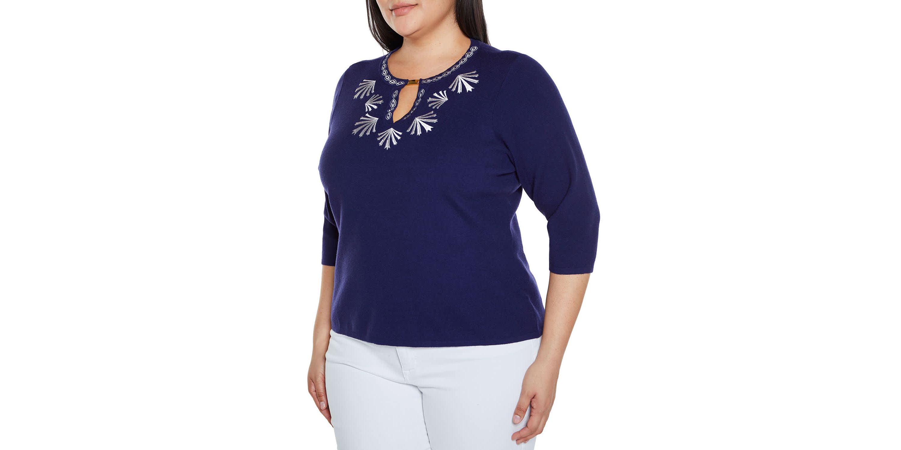 Embroidered Split-Neck 3/4-Sleeve Sweater