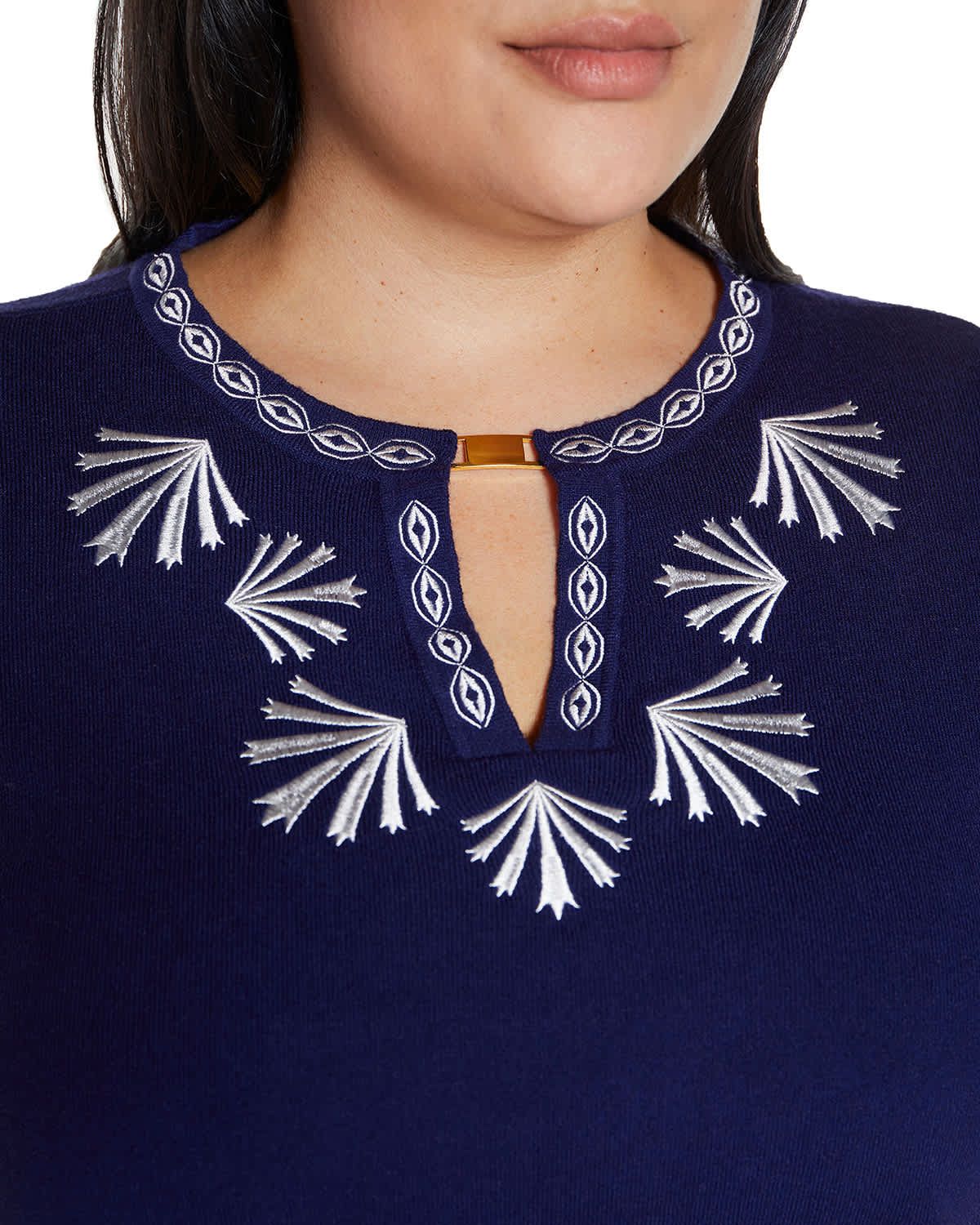 Embroidered Split-Neck 3/4-Sleeve Sweater