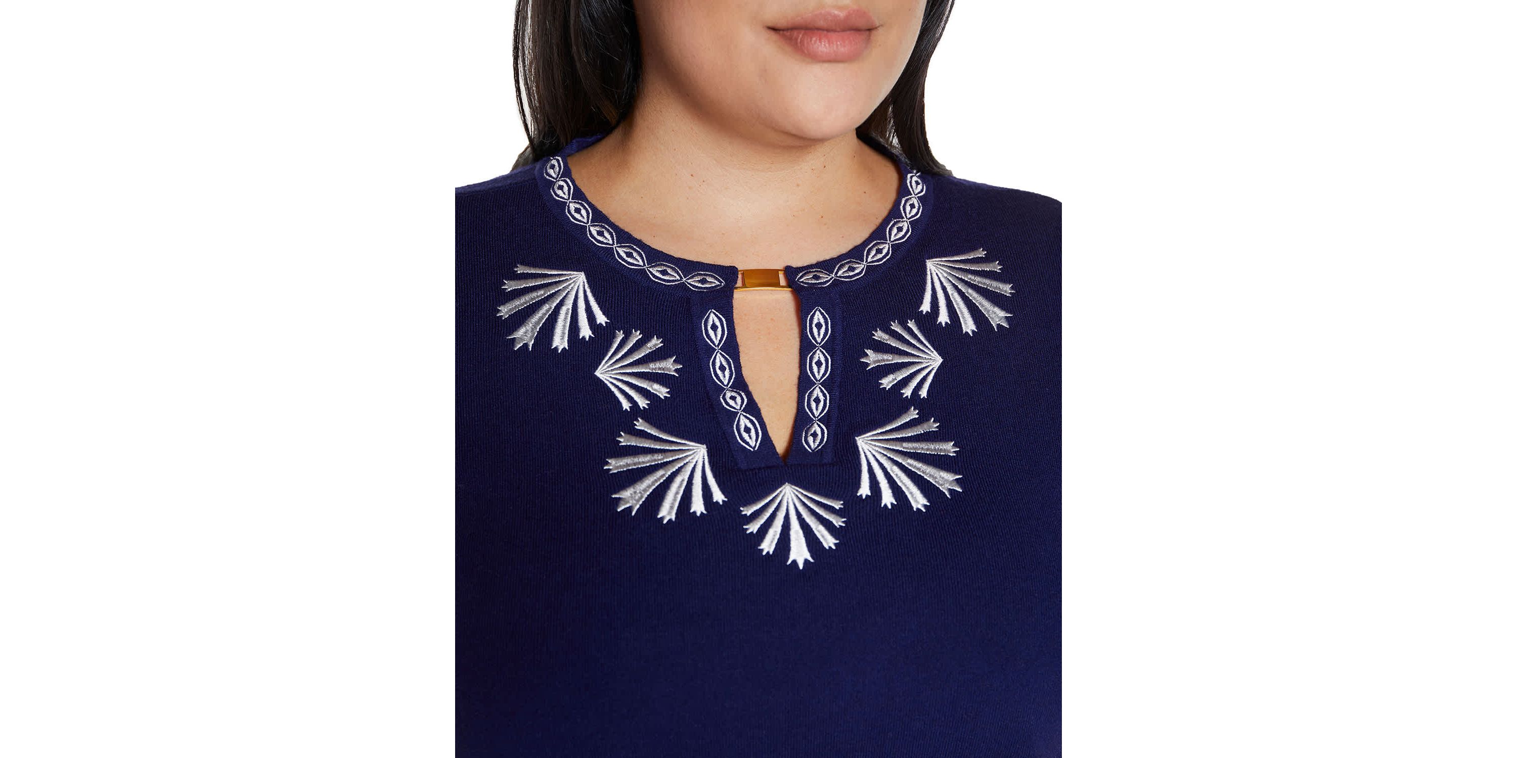 Embroidered Split-Neck 3/4-Sleeve Sweater