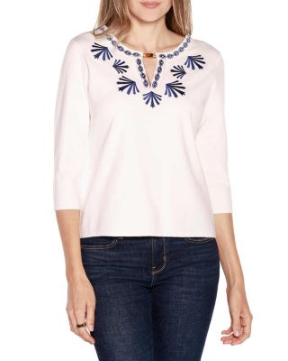 Belldini Black Label Women's Embroidered Split-Neck 3/4-Sleeve Sweater, White, XL