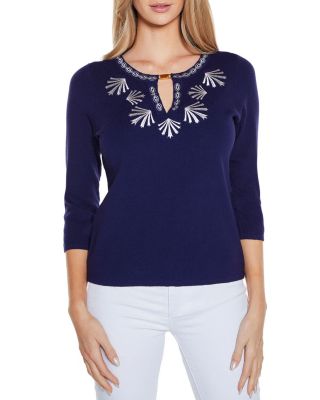 Belldini Black Label Women's Embroidered Split-Neck 3/4-Sleeve Sweater