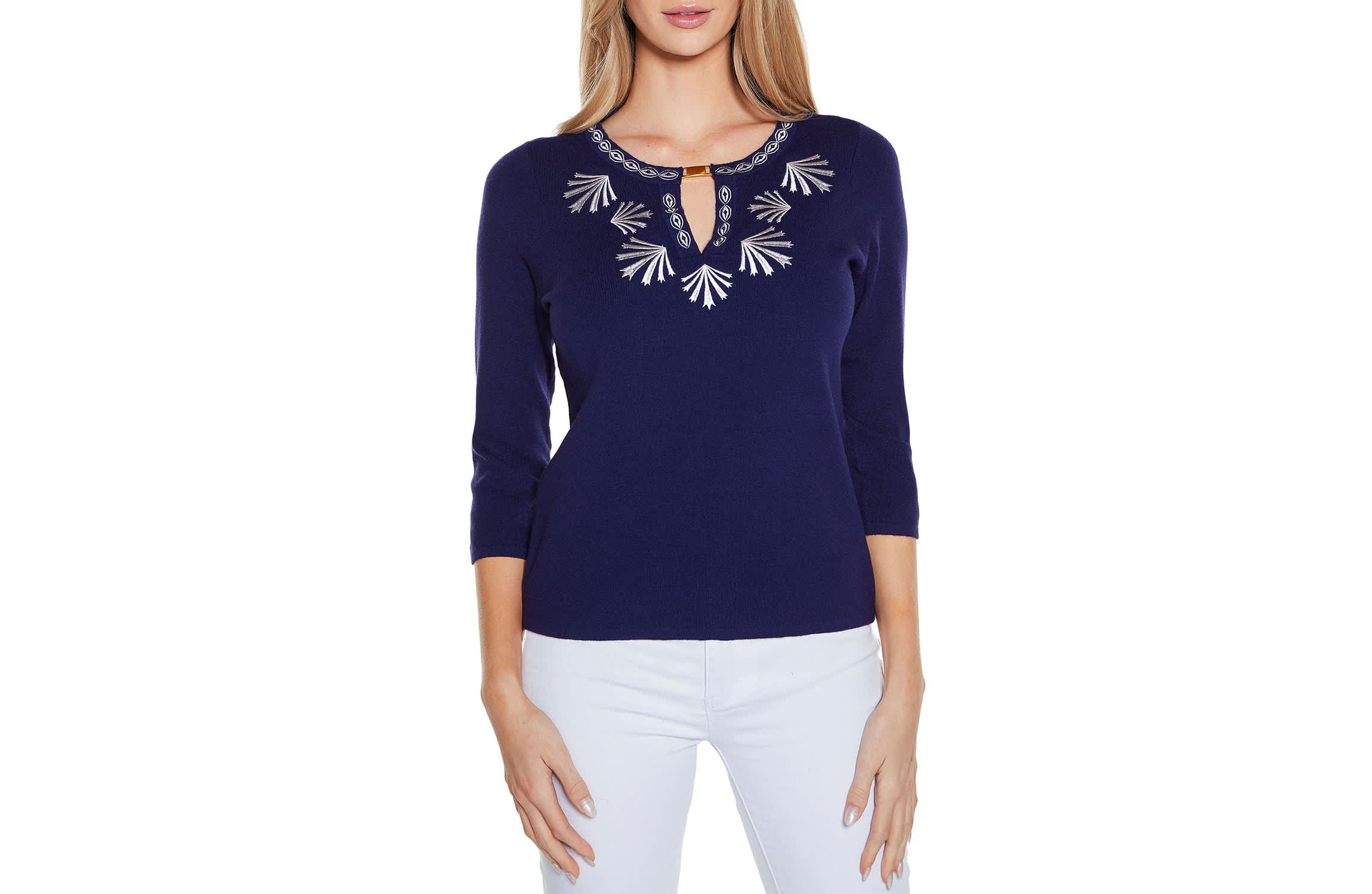 Embroidered Split-Neck 3/4-Sleeve Sweater