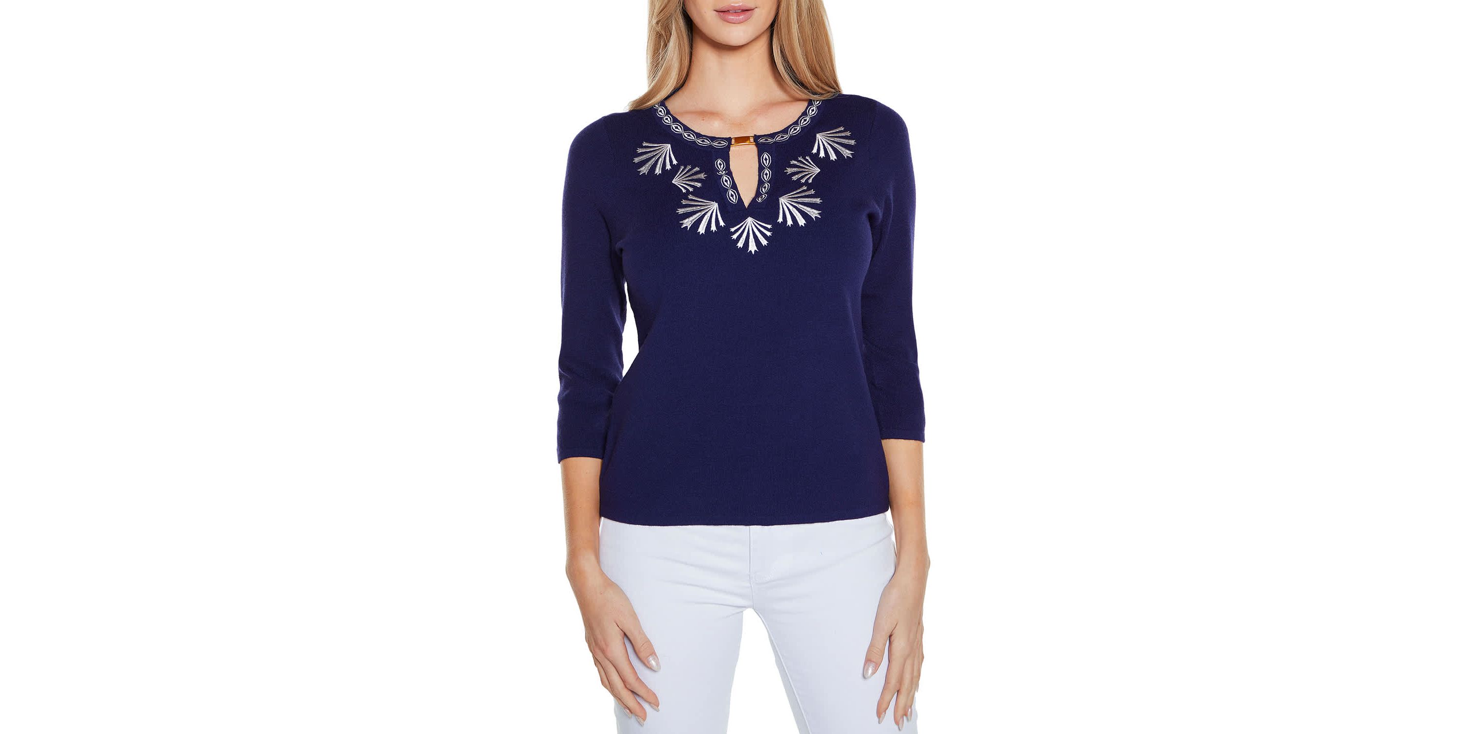 Embroidered Split-Neck 3/4-Sleeve Sweater