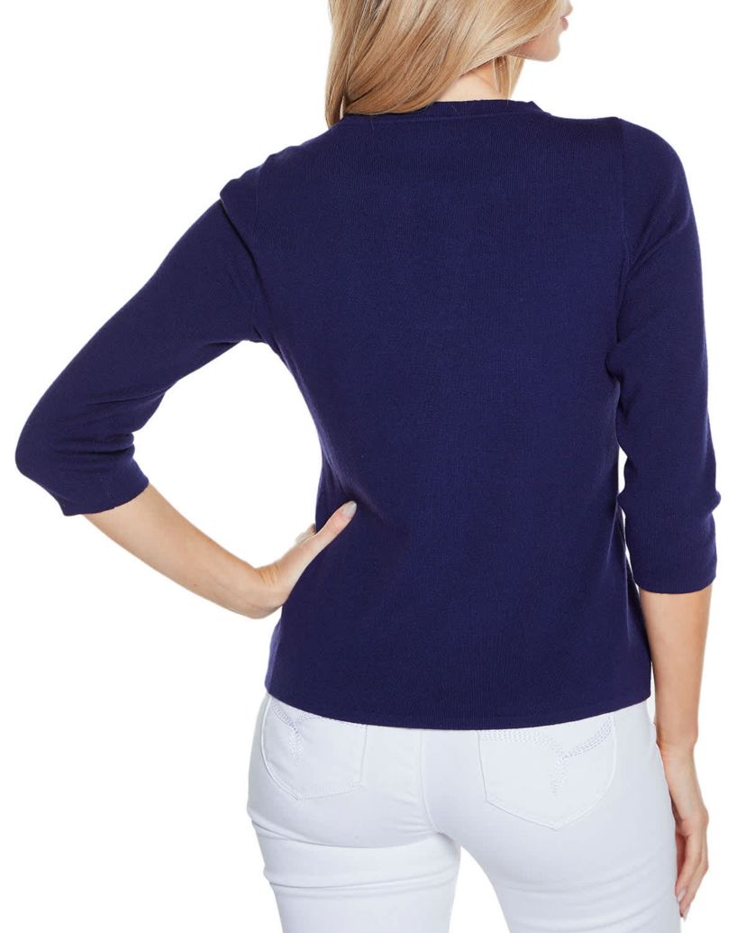 Embroidered Split-Neck 3/4-Sleeve Sweater