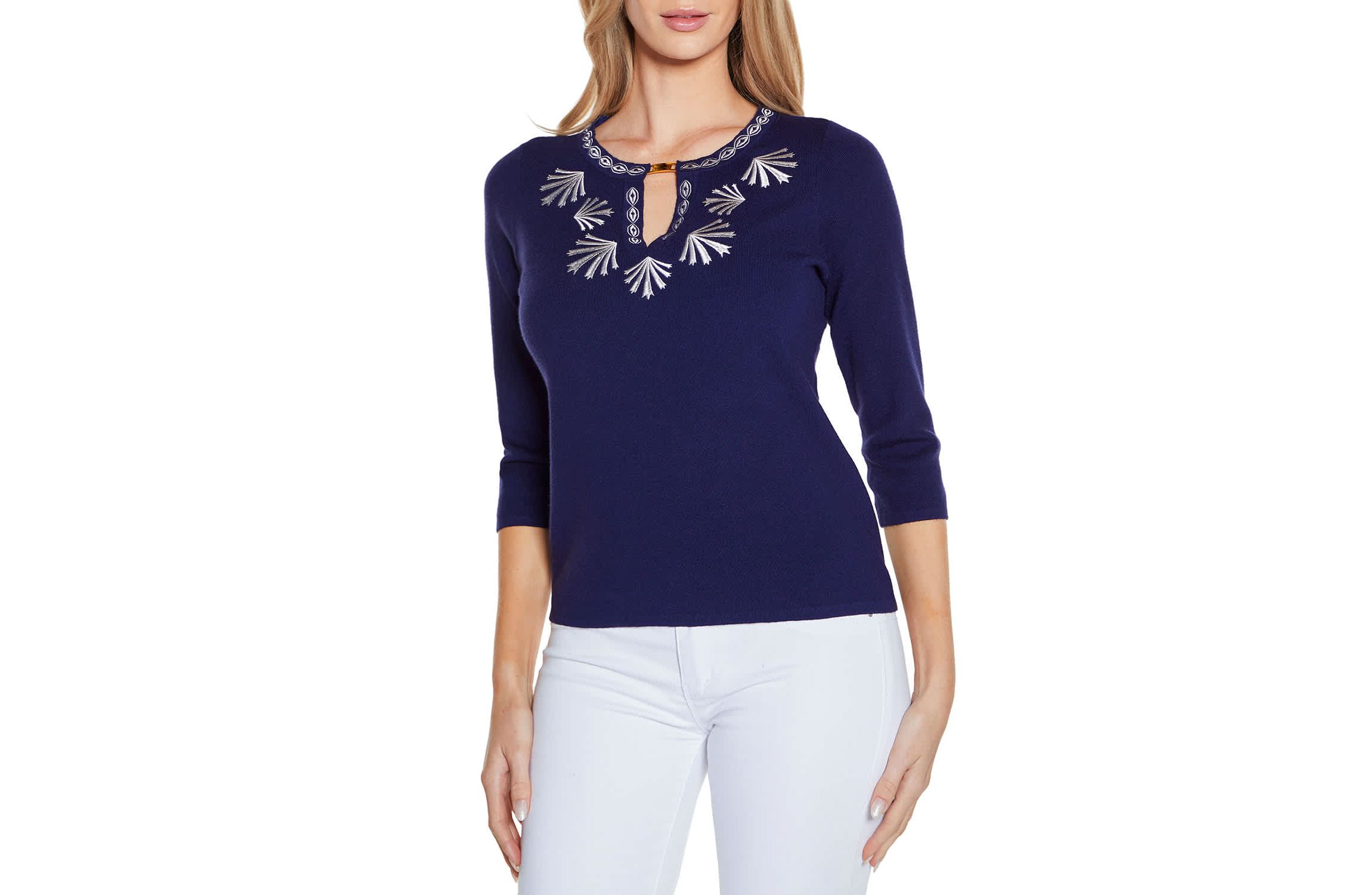 Embroidered Split-Neck 3/4-Sleeve Sweater