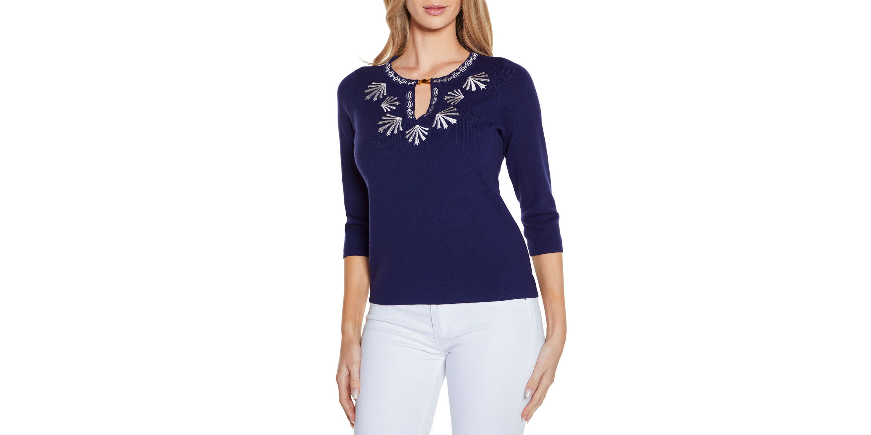 Embroidered Split-Neck 3/4-Sleeve Sweater