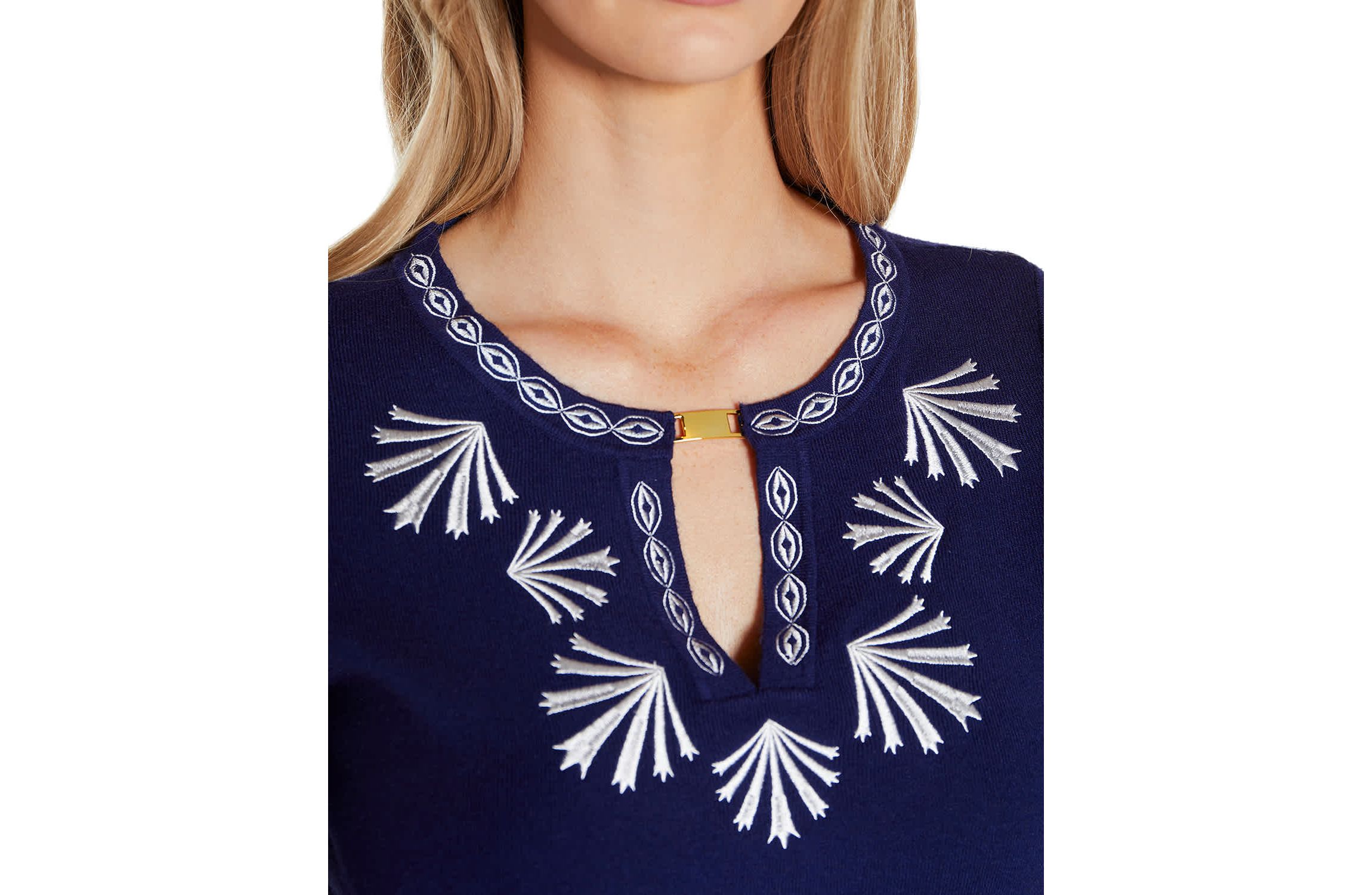 Embroidered Split-Neck 3/4-Sleeve Sweater