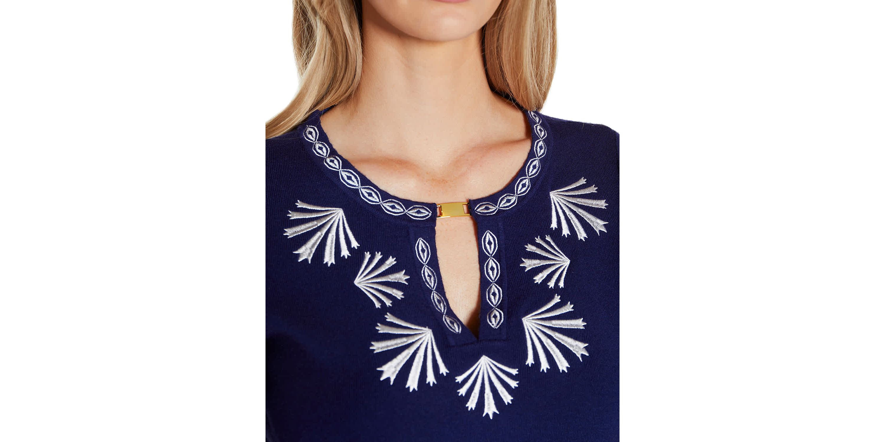 Embroidered Split-Neck 3/4-Sleeve Sweater