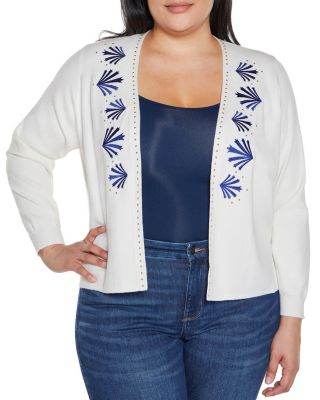 Belldini Black Label Women's Embroidered Drop-Shoulder Open-Front Cardigan Sweater, White, 3X