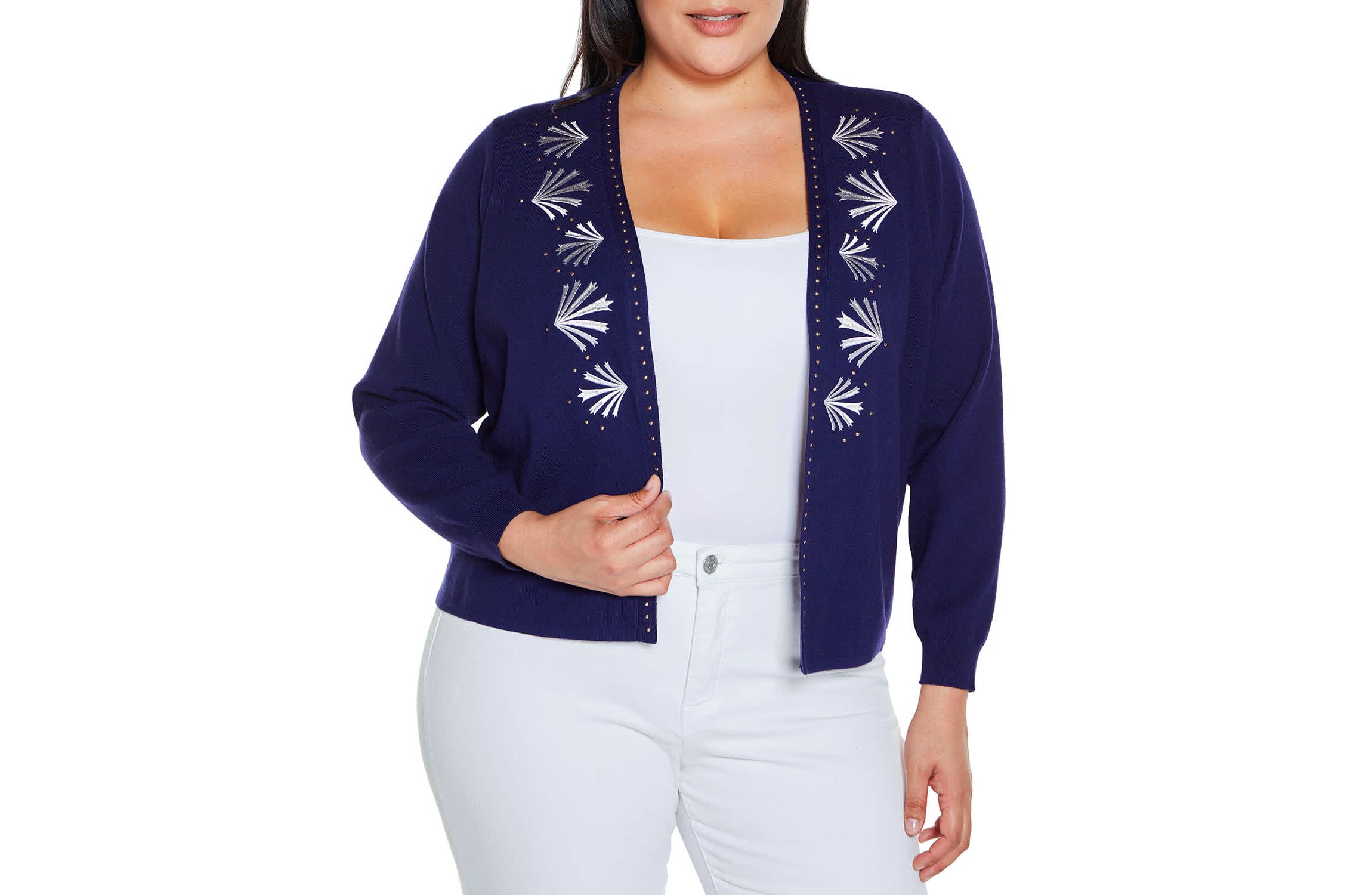 Embroidered Drop-Shoulder Open-Front Cardigan Sweater