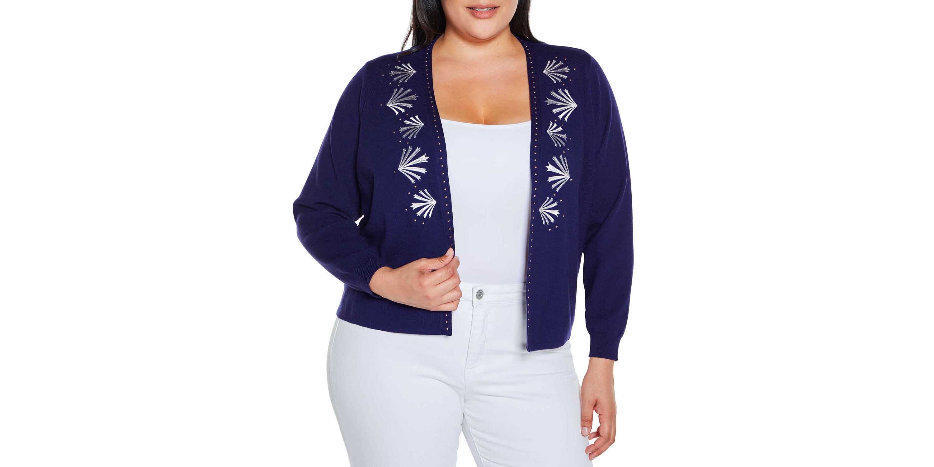 Embroidered Drop-Shoulder Open-Front Cardigan Sweater