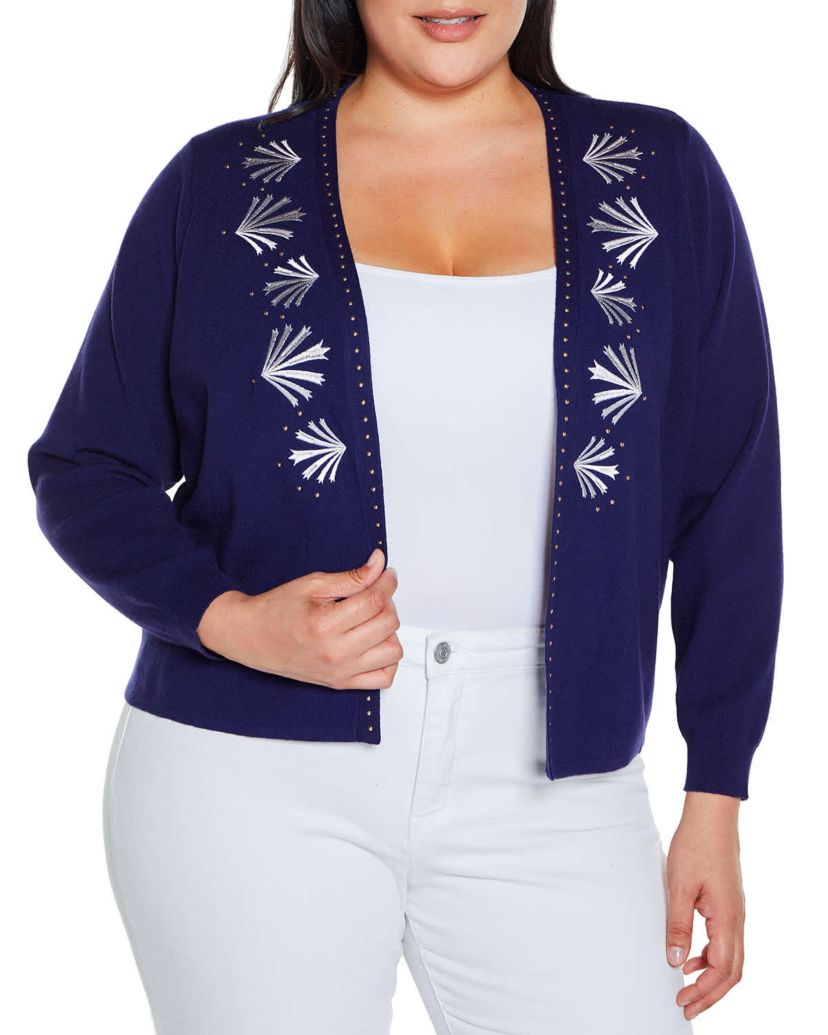 Embroidered Drop-Shoulder Open-Front Cardigan Sweater