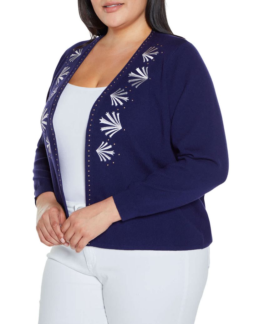 Embroidered Drop-Shoulder Open-Front Cardigan Sweater