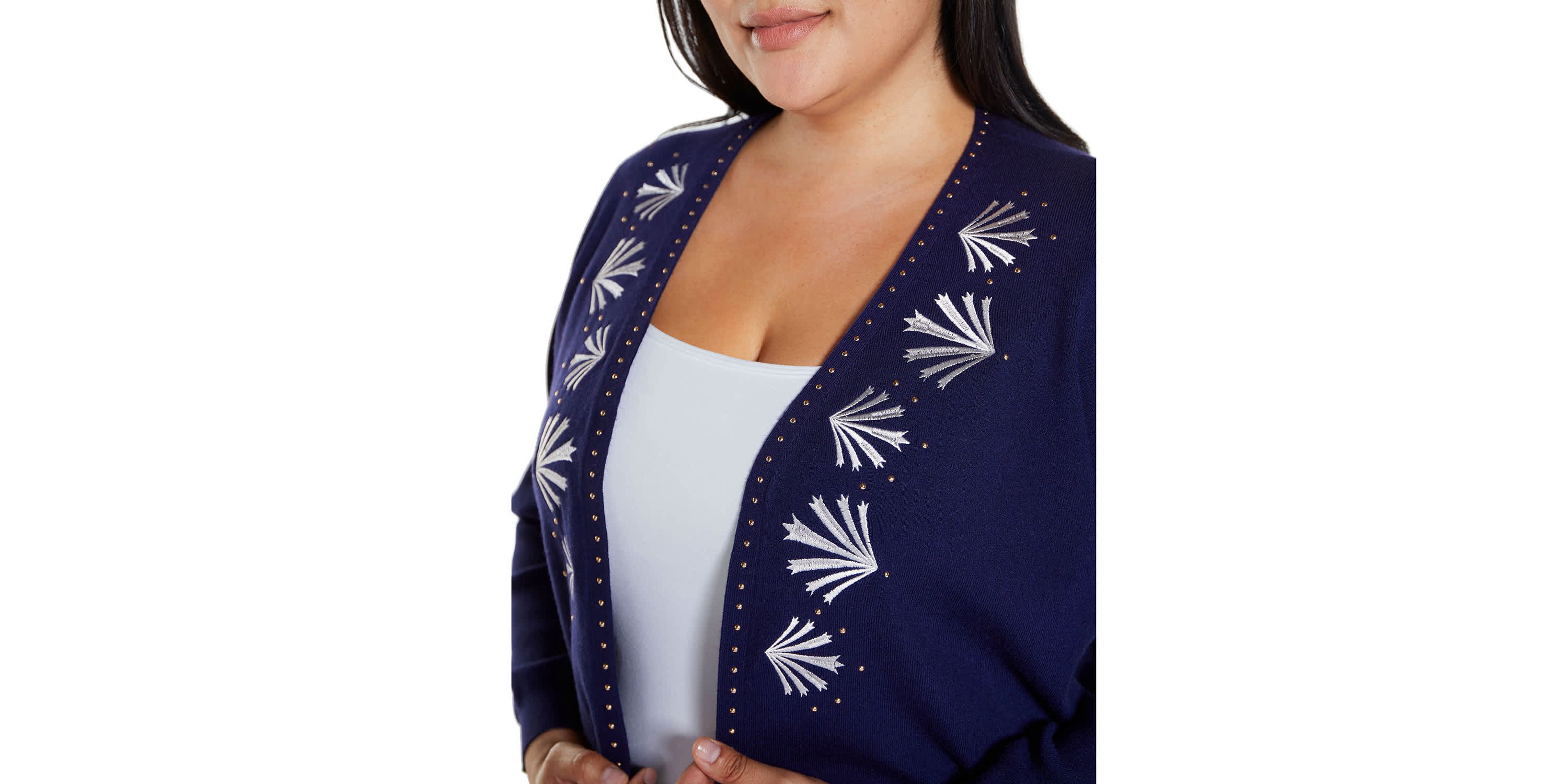 Embroidered Drop-Shoulder Open-Front Cardigan Sweater