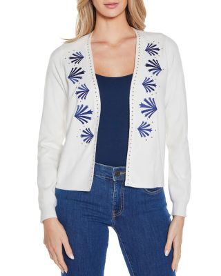 Belldini Black Label Women's Embroidered Drop-Shoulder Open-Front Cardigan Sweater, White, XL