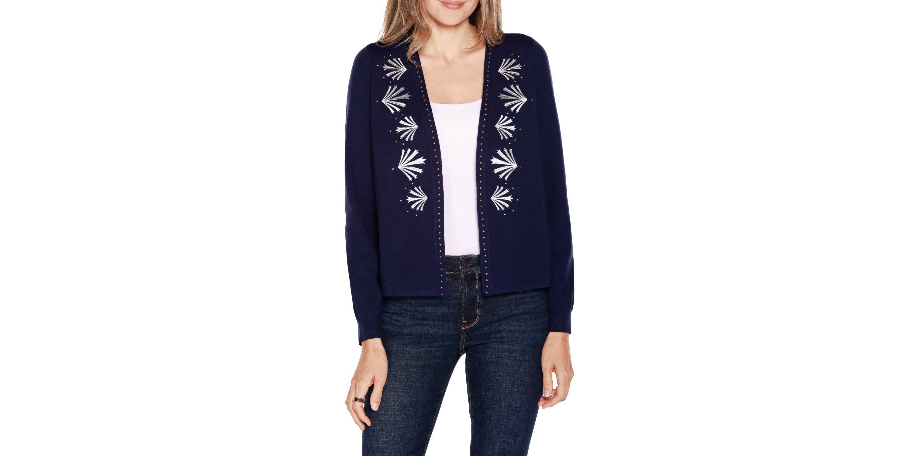 Embroidered Drop-Shoulder Open-Front Cardigan Sweater