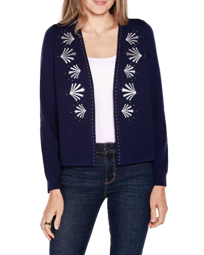 Embroidered Drop-Shoulder Open-Front Cardigan Sweater