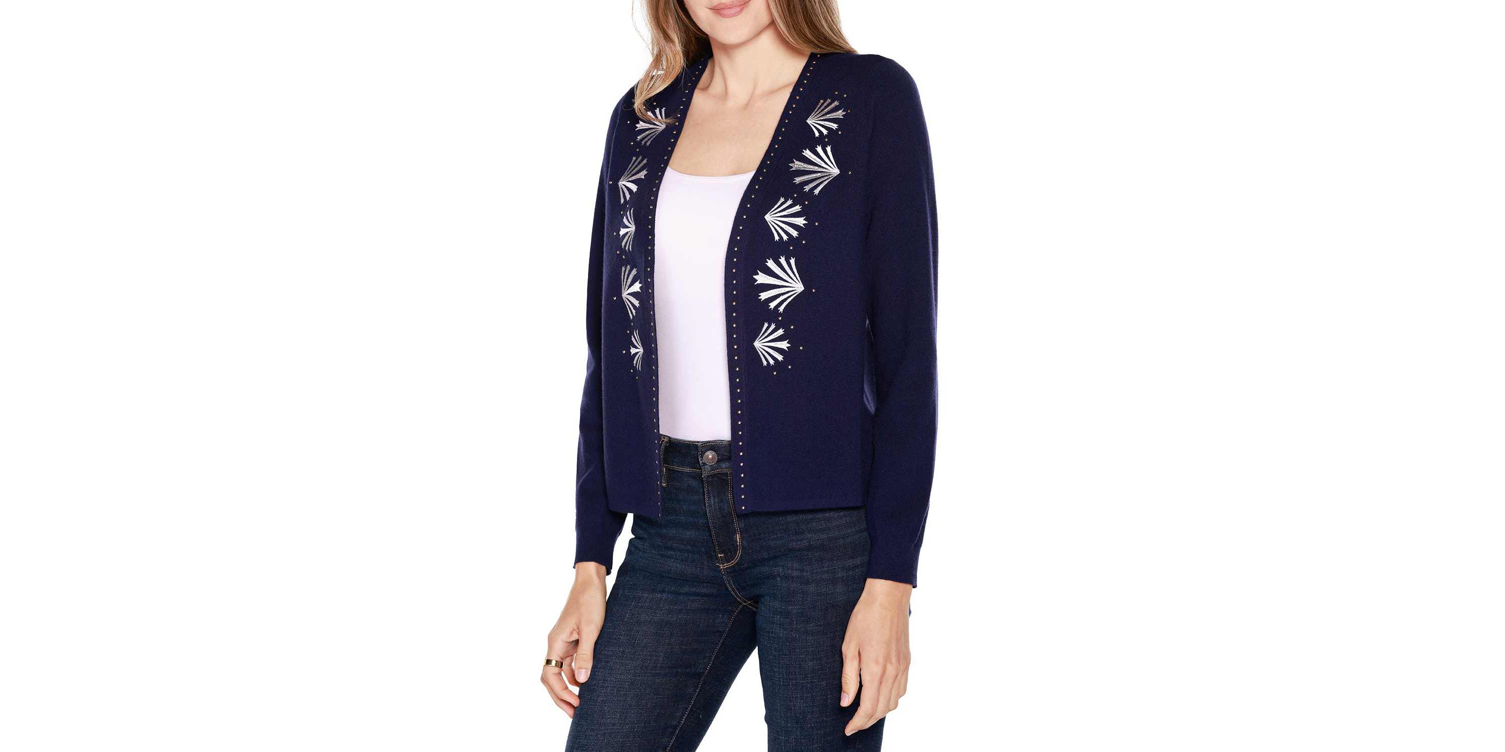 Embroidered Drop-Shoulder Open-Front Cardigan Sweater