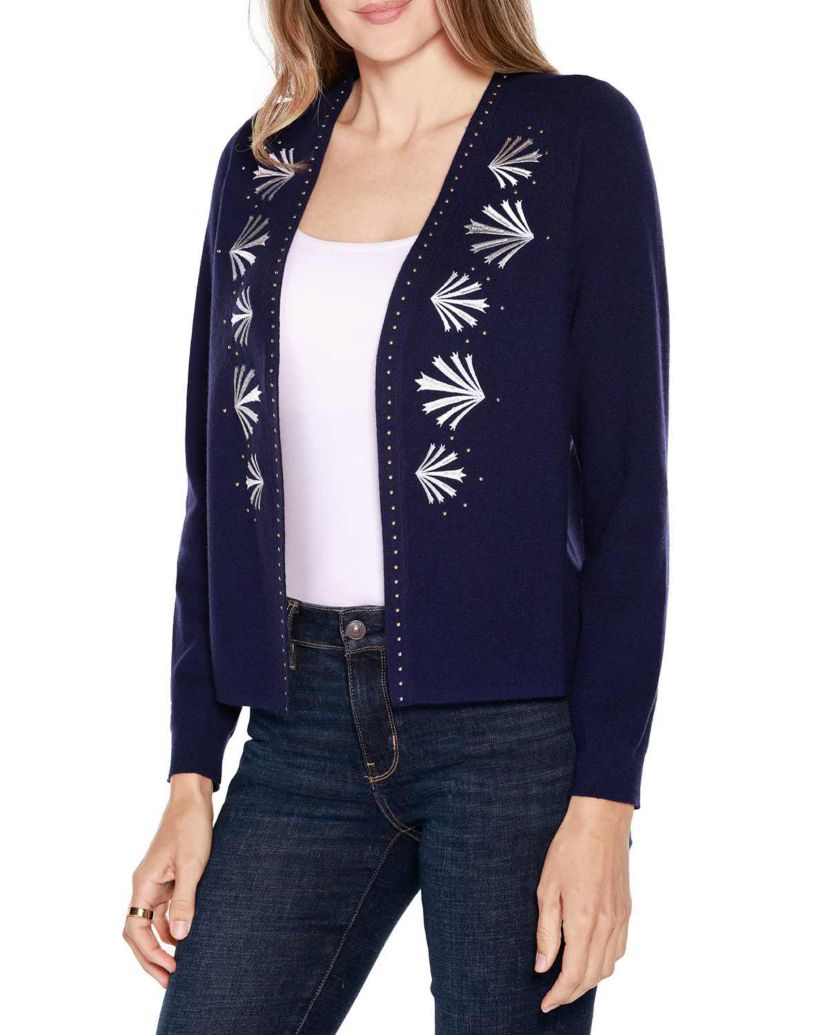 Embroidered Drop-Shoulder Open-Front Cardigan Sweater