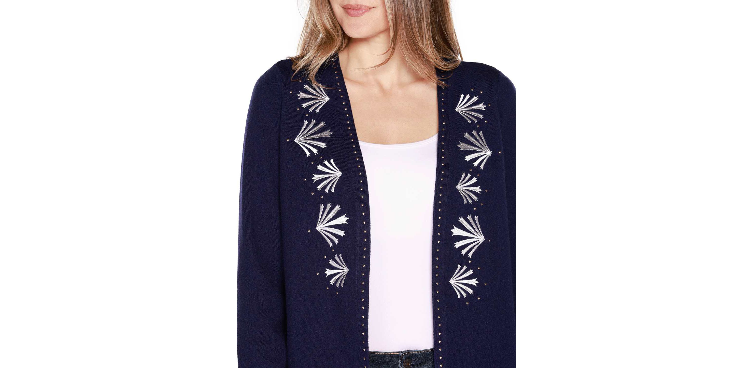 Embroidered Drop-Shoulder Open-Front Cardigan Sweater