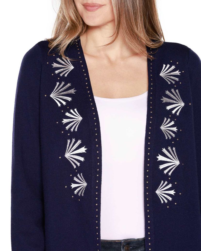 Embroidered Drop-Shoulder Open-Front Cardigan Sweater
