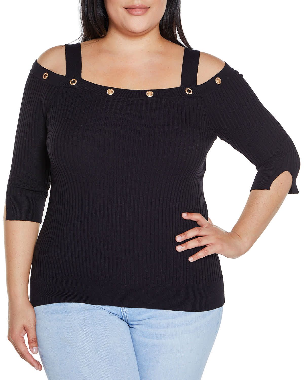 Rhinestone Grommet Cold-Shoulder Sweater
