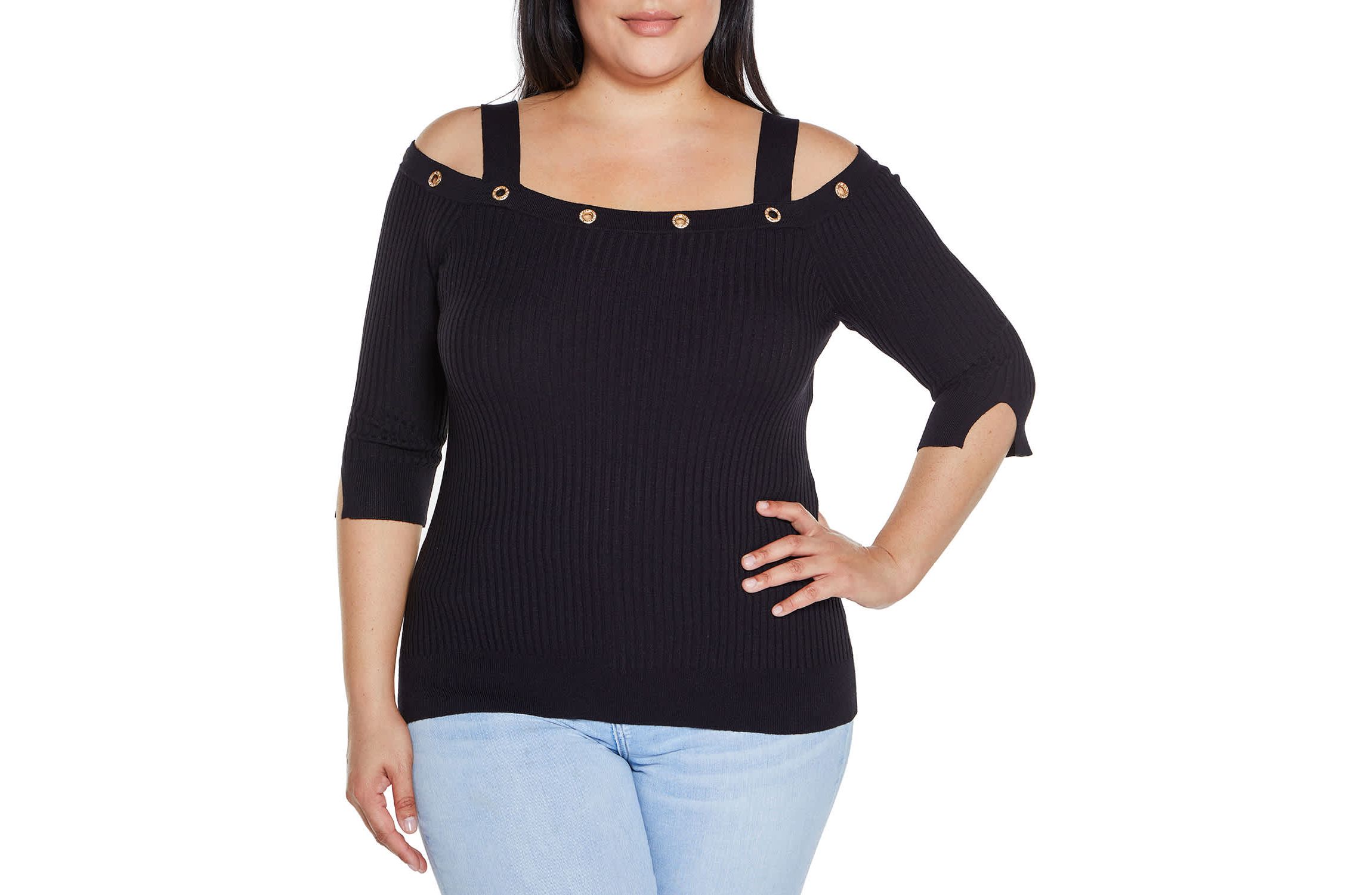 Rhinestone Grommet Cold-Shoulder Sweater