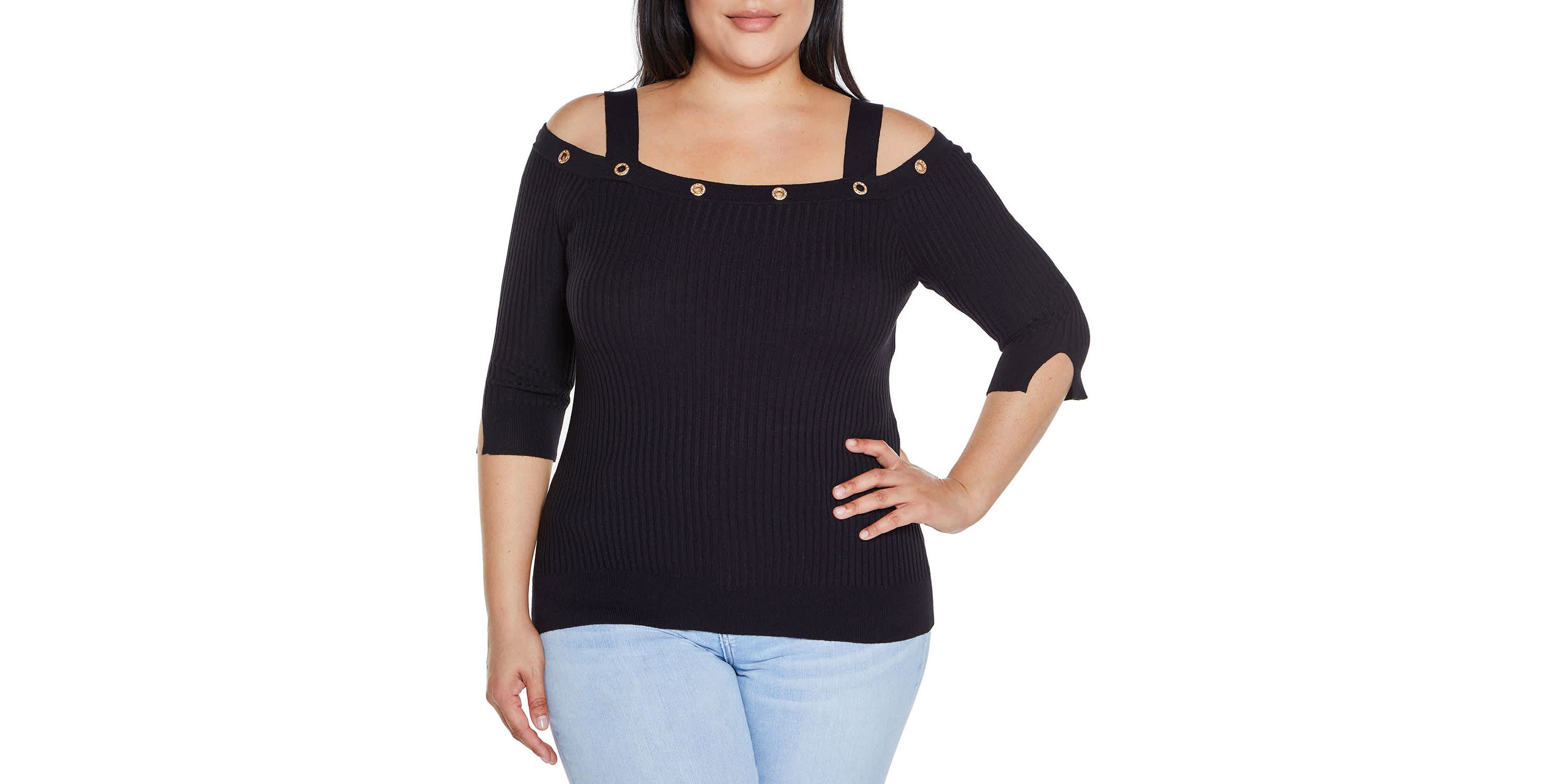 Rhinestone Grommet Cold-Shoulder Sweater
