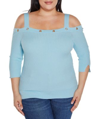 Belldini Black Label Women's Rhinestone Grommet Cold-Shoulder Sweater, 3X