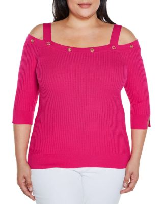 Belldini Black Label Women's Rhinestone Grommet Cold-Shoulder Sweater, 3X