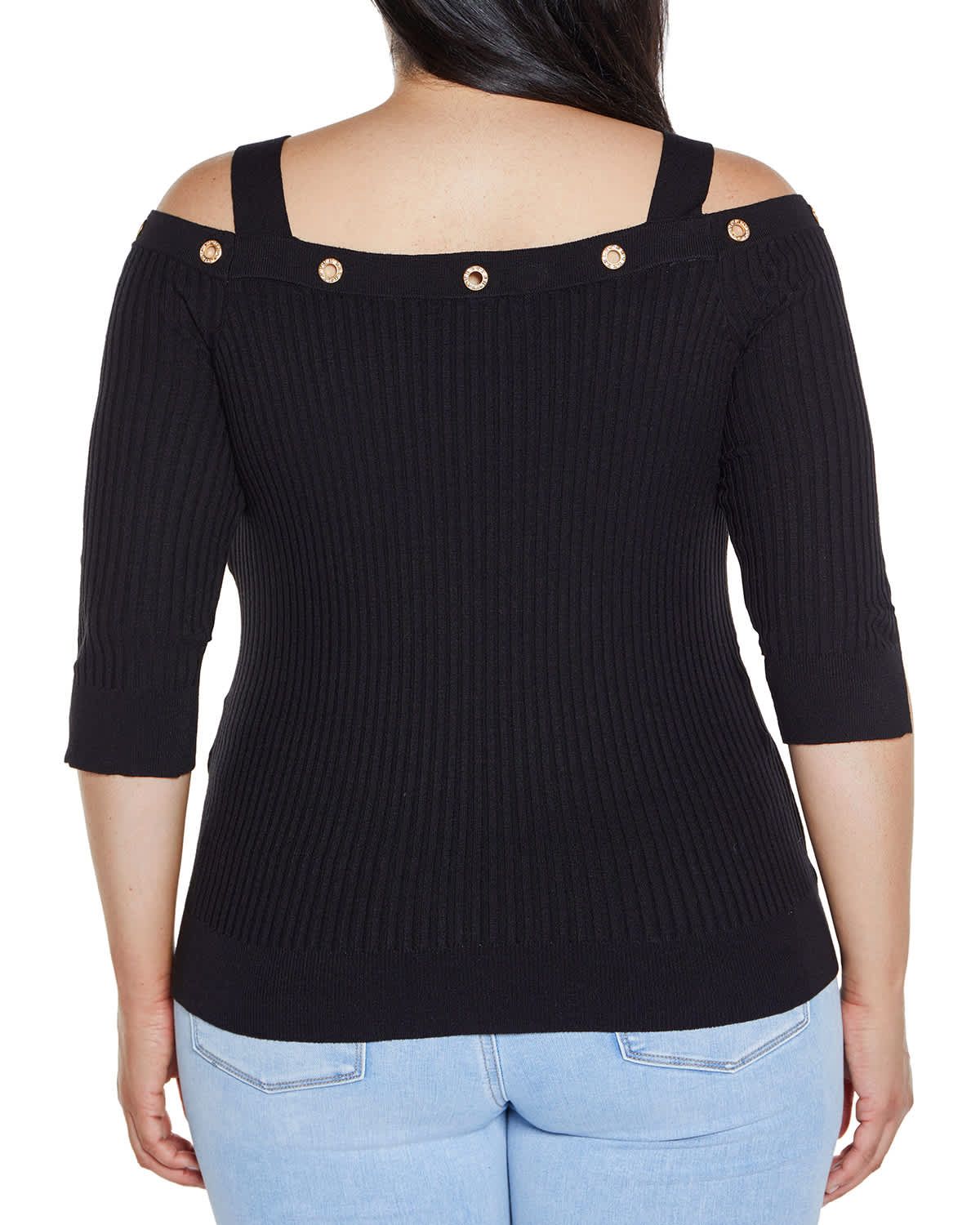 Rhinestone Grommet Cold-Shoulder Sweater