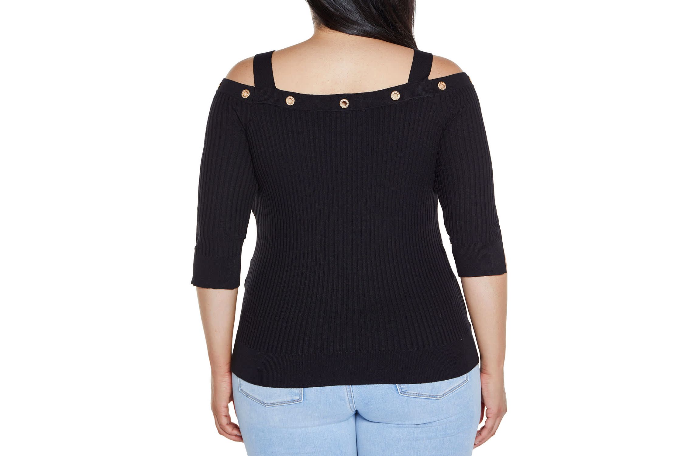 Rhinestone Grommet Cold-Shoulder Sweater