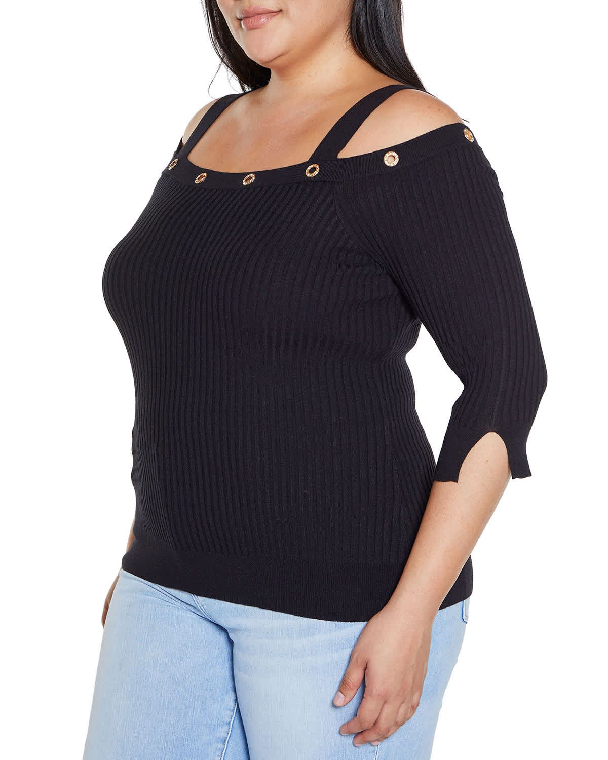Rhinestone Grommet Cold-Shoulder Sweater