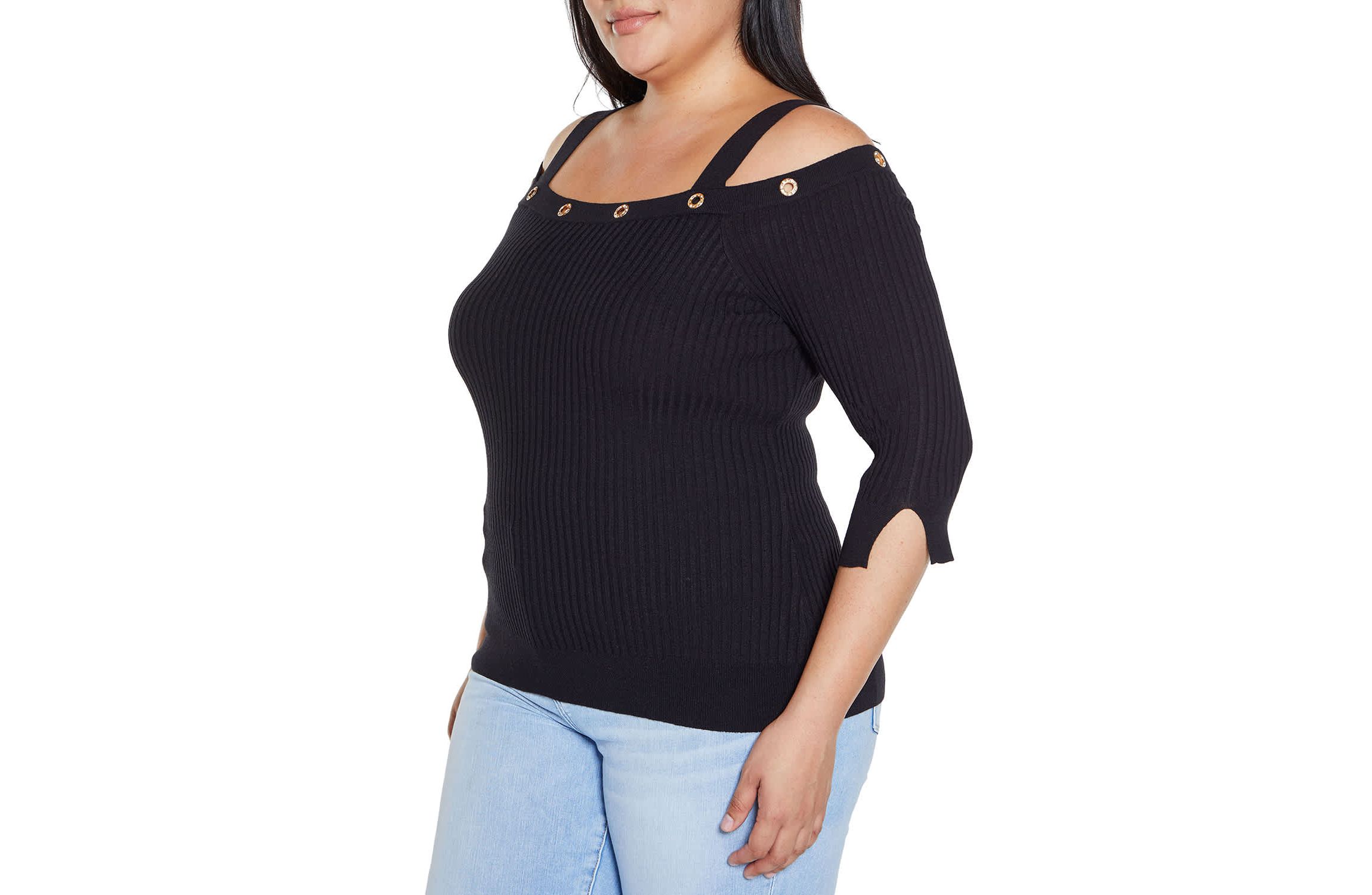 Rhinestone Grommet Cold-Shoulder Sweater