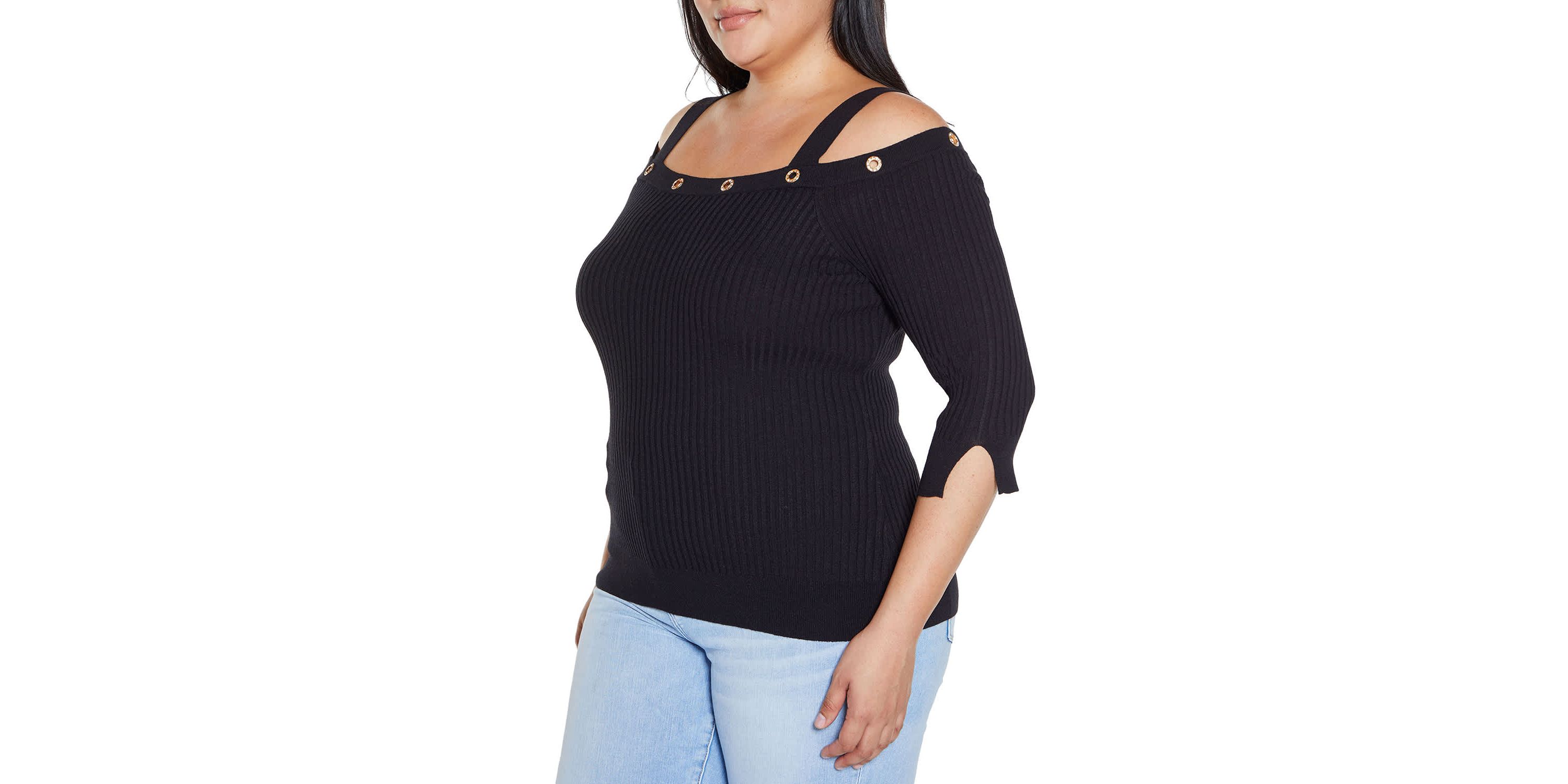 Rhinestone Grommet Cold-Shoulder Sweater
