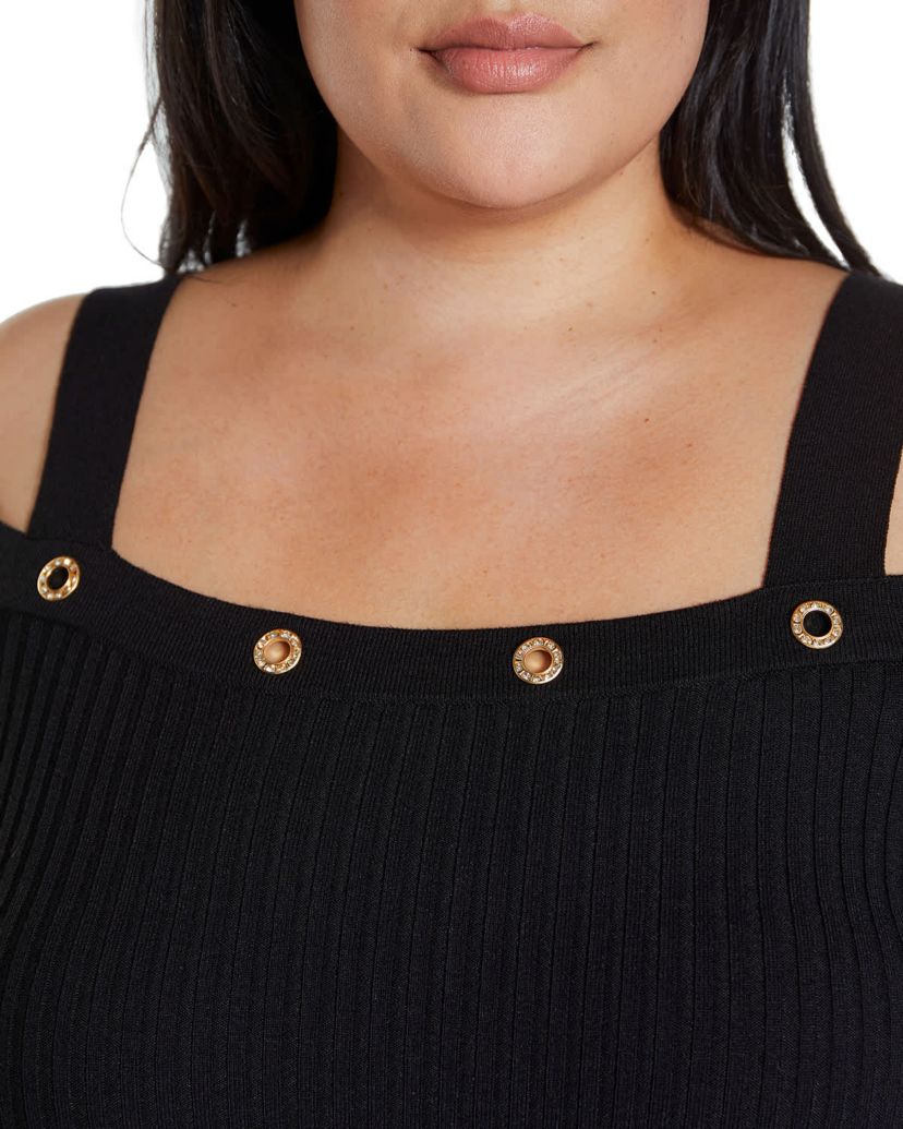 Rhinestone Grommet Cold-Shoulder Sweater