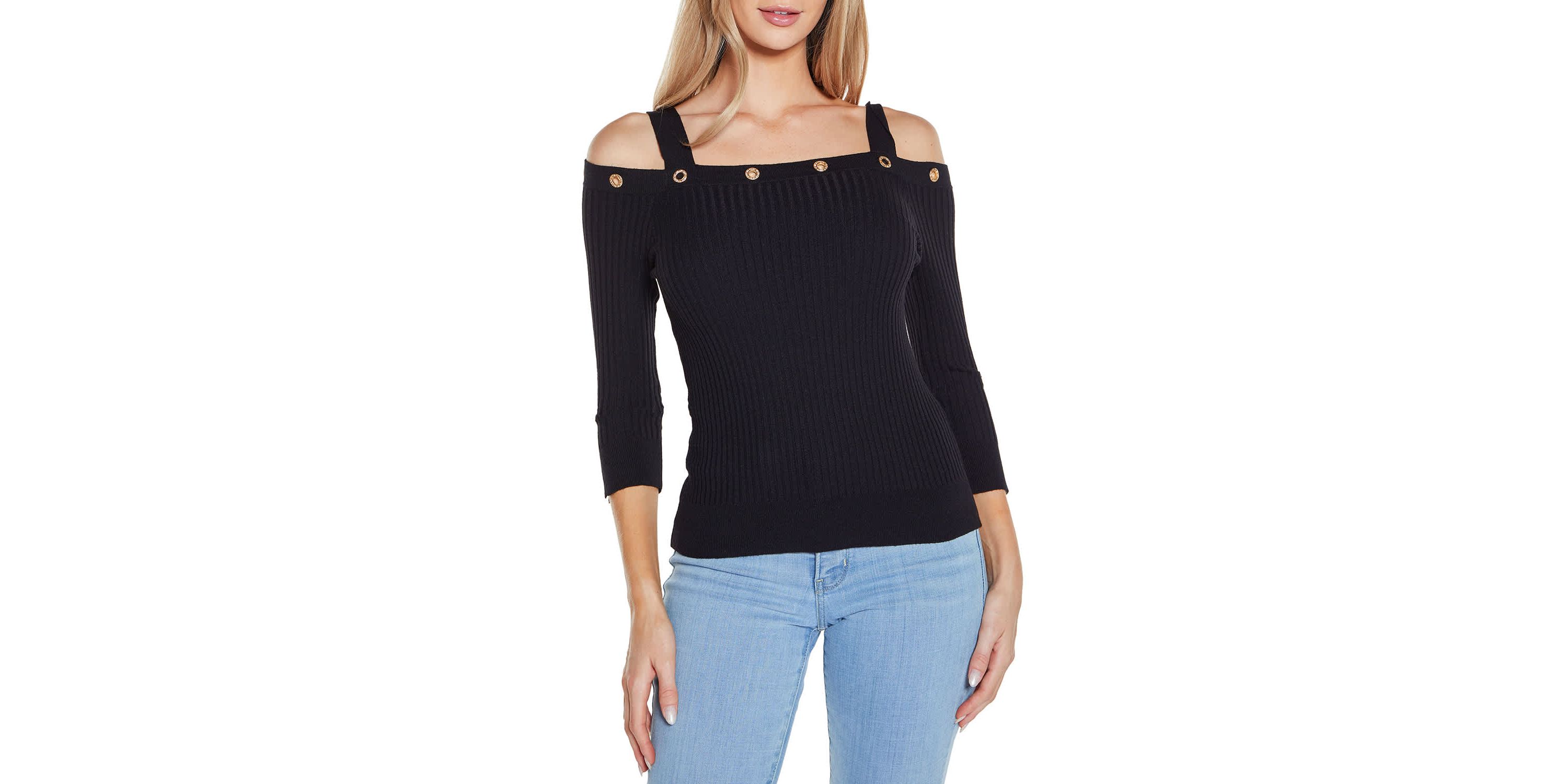 Rhinestone Grommet Cold-Shoulder Sweater