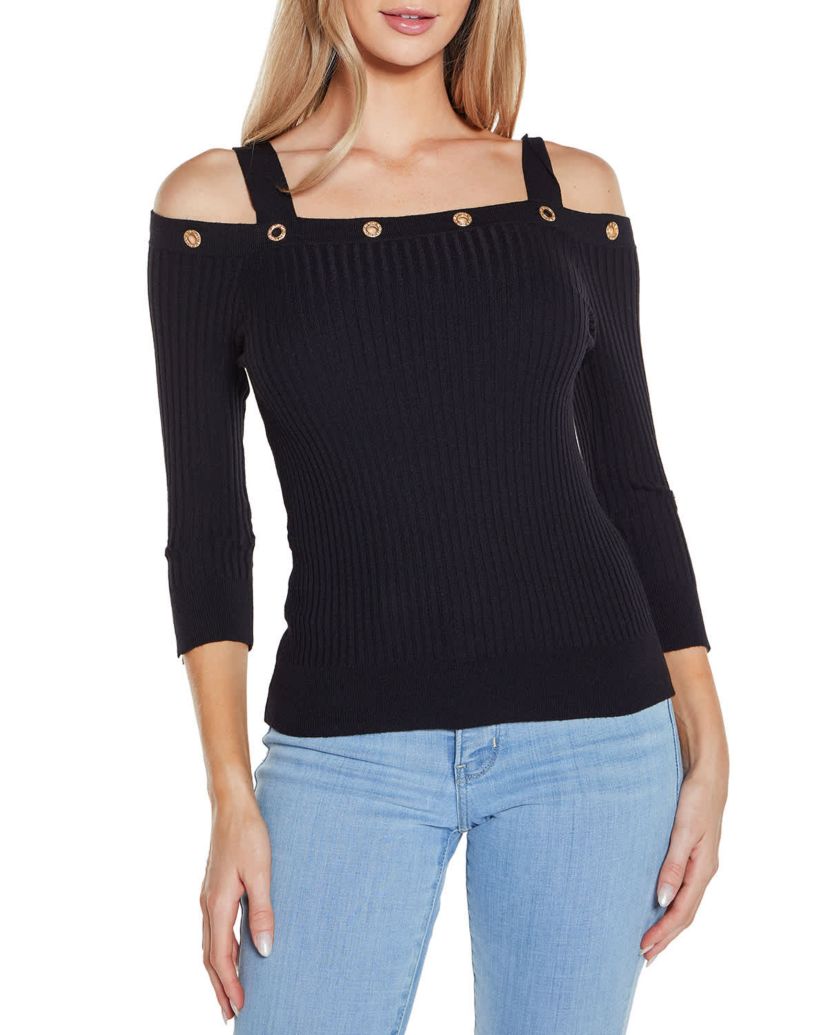 Rhinestone Grommet Cold-Shoulder Sweater