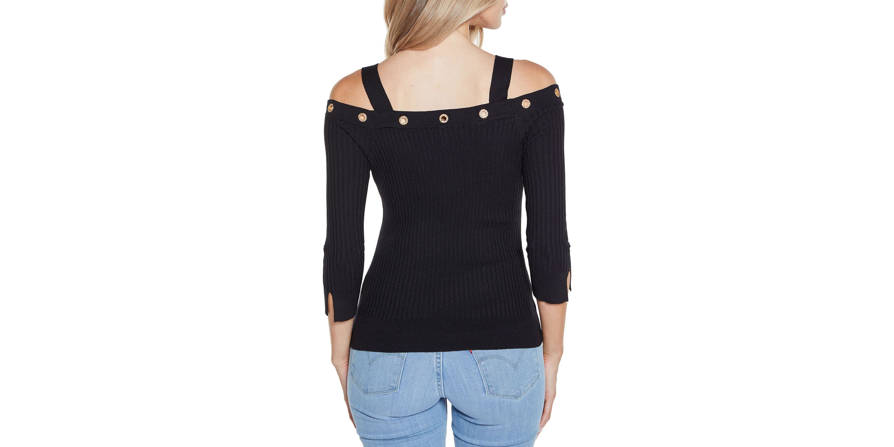 Rhinestone Grommet Cold-Shoulder Sweater