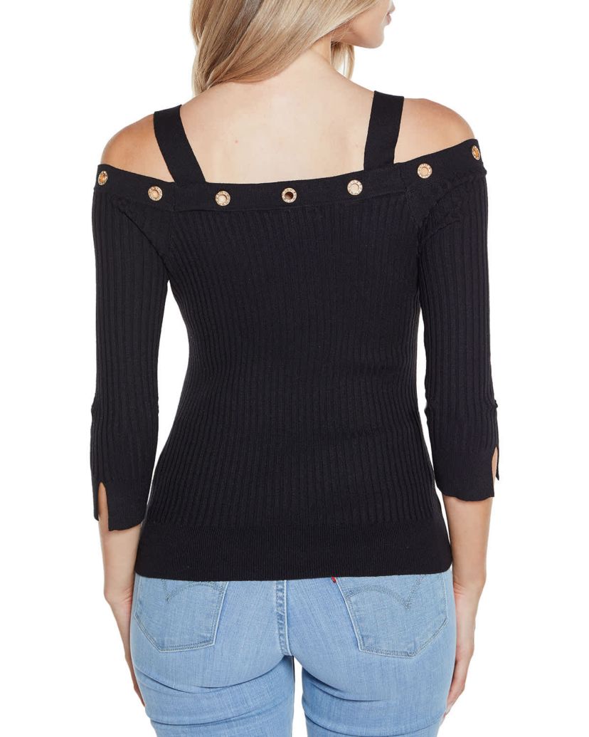 Rhinestone Grommet Cold-Shoulder Sweater