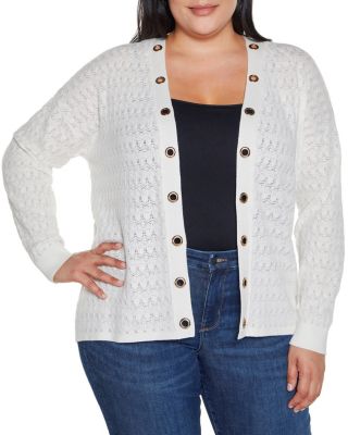 Belldini Black Label Women's Pointelle and Grommet Open Cardigan Sweater, Ivory, 3X